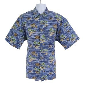 Batik Bay Short Sleeve Button Up Shirt Mens Sz L Blue Beach Vacation 100% Cotton